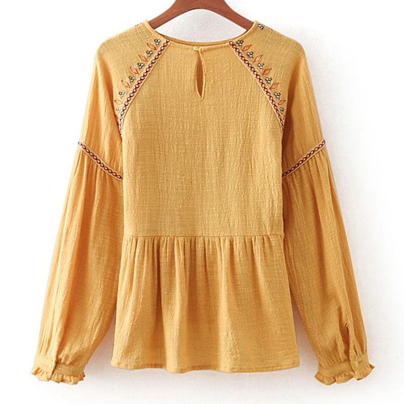 Vintage Yose Bordado Yellow Tops Manga Blusa Floral Khale 2019 Boho Mujer De Amarillo Larga Paginas Camisa Lino Hippie SYwxqf1