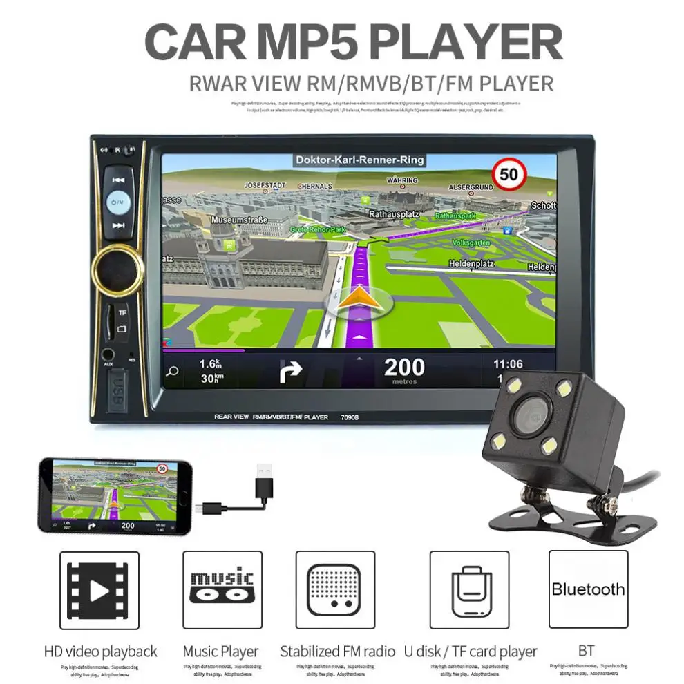 

6.6'' 2 Din Car Stereo MP5 Player Phone / Tablet Connected GPS Bluetooth FM DVR in Steering Wheel Control with Rear View Camera