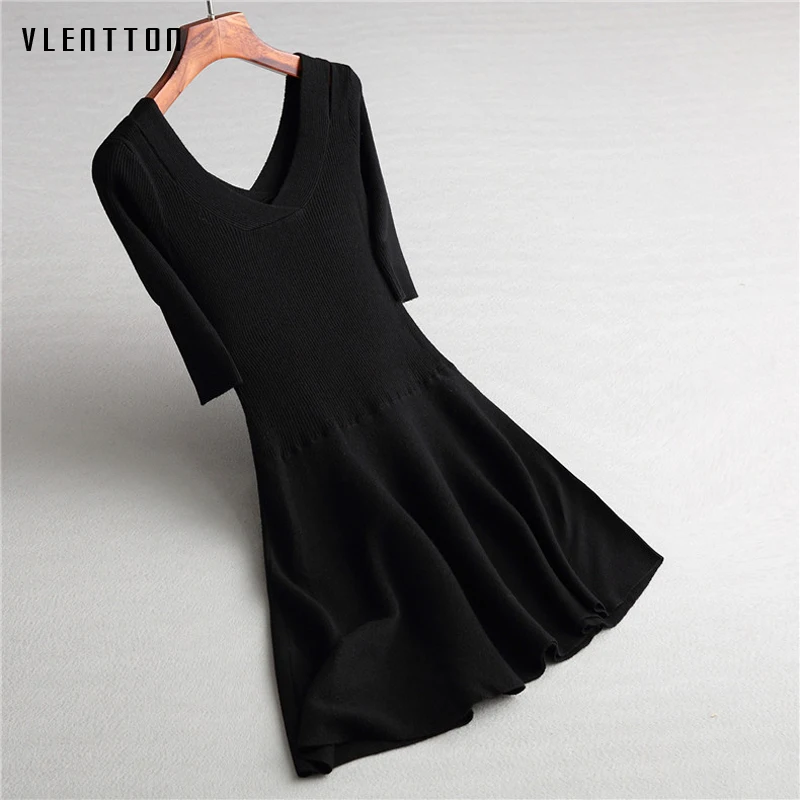 

Women Dress 2017 Autumn Winter Vintage Knitting Sweater Women Dress Long Sleeve V-Neck Basic Slim Dress Solid Elegant Dress