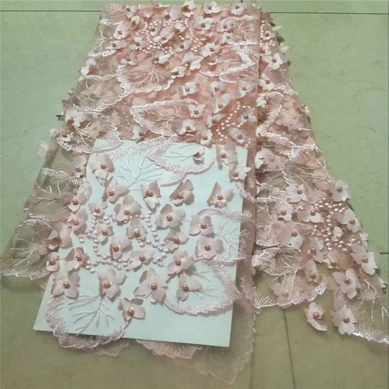 

Top sale beautifel 3d flowers african lace fabric 5 yards embroidery high quallity light color tulle lace