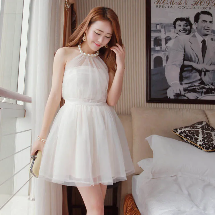 

2017 New Summer Sweet Women Dress Princess Ball Gown Pearl Halter Sundress Girls Dresses Plus Size High Quality Female Vestidos