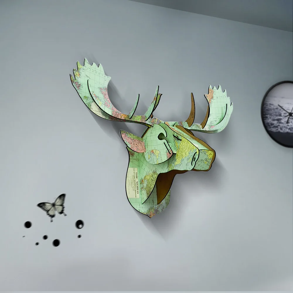DIY 3D деревянный олень Лось Единорог голова Искусство Дома Офиса настенное