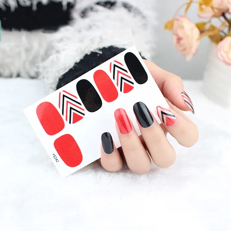 الفرنسية مسمار الفن ملصق 16 أنماط مختلفة مثير أحمر أسود مختلط اللون الشارات مع الغراء عودة بريق مسمار ملصقا ورقة RA005