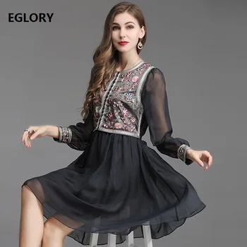 

Luxury Dress 2019 Spring Summer Vintage Party Elegant Women Exquisite Embroidery Long Sleeve Large Swing Dark Blue Pink Dress