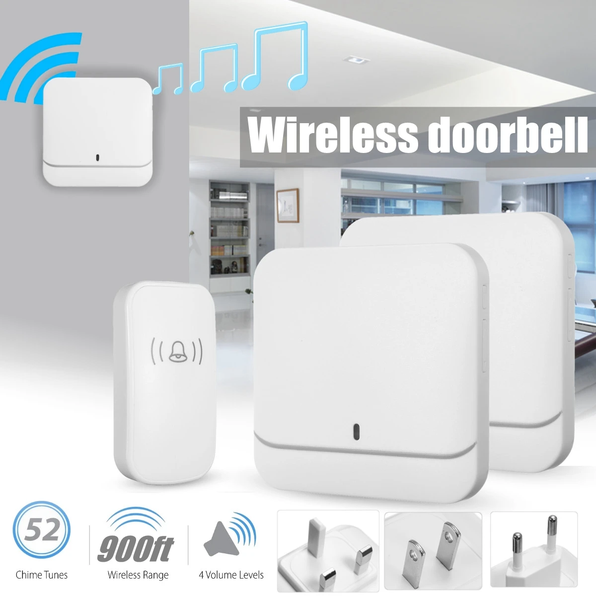 

New Wireless Doorbell Waterproof 900ft Remote EU UK US Plug smart Door Bell Chime battery 1 button 2 receiver AC