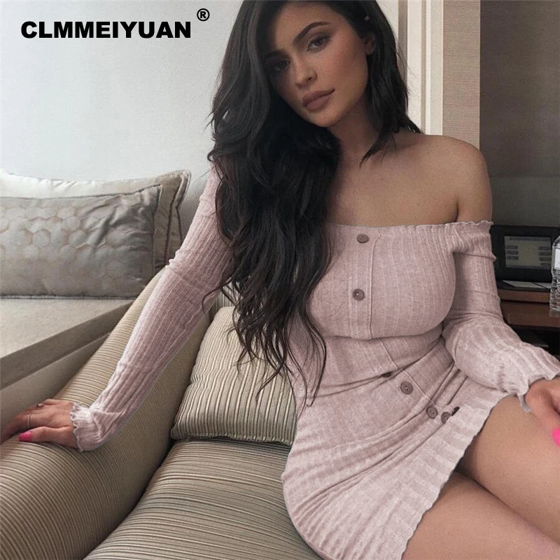 Сексуальное женское платье с открытыми плечами Kyliejenner трикотажное длинным