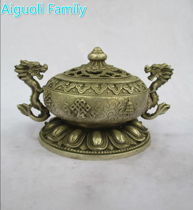 

Art collection old chinese handmade tibet silver Big incense burner /metal dragon censer craft for home decoration