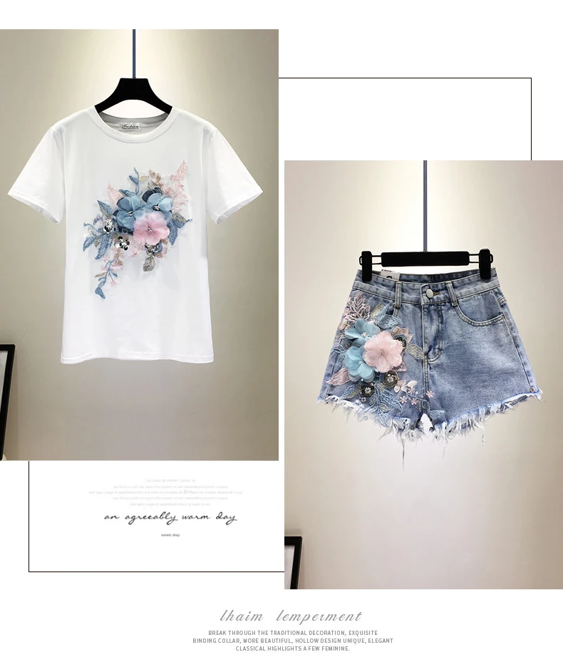 Европейский женский комплект из двух предметов, вышивка 3D цветок, хлопковые футболки+ короткие джинсовые комплекты, летний топ с коротким рукавом, футболки, шорты, комплекты из 2 предметов