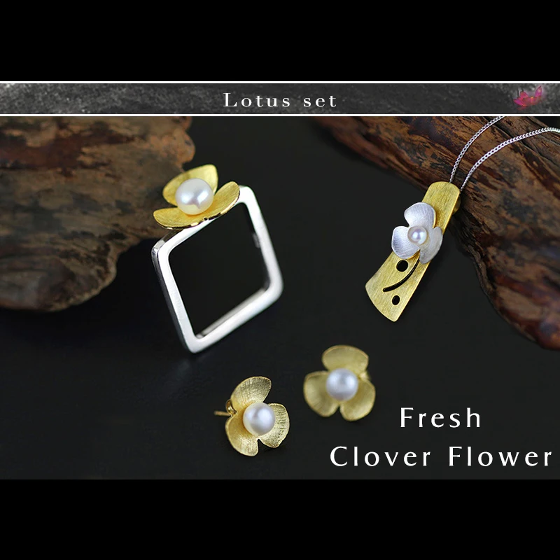 

Lotus Fun 925 Sterling Silver Pearl Clover Flower Bridal Wedding Jewelry Set for Women Rings/Stud Earrings/Necklaces Pendants