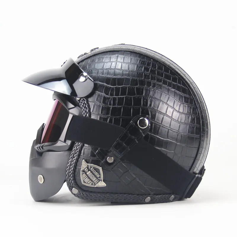 Cuoio DELL'UNITÀ di ELABORAZIONE dell'annata Caschi Maschera Staccabile Occhiali E la Bocca Filtro Perfetto per Aprire Viso Moto Mezza Casco nero