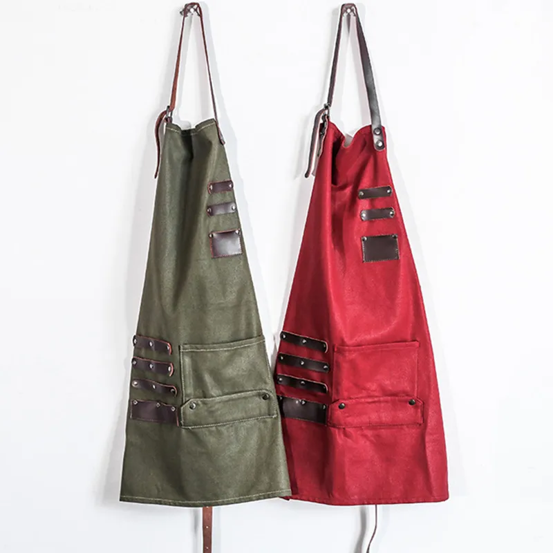 

Red Green Waxed Canvas Apron Leather Strap Barista Bartender Baker BBQ Chef Uniform Barber Florist Painter Artist Work Wear D62