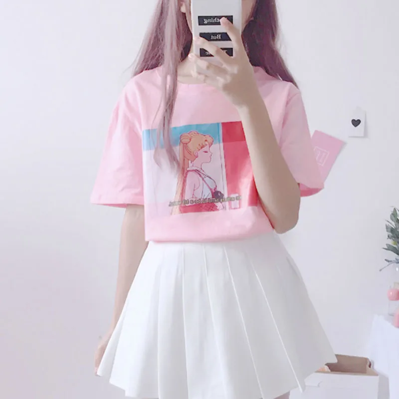 Ulzzang корейский Лолита Сейлор Мун печати свободная футболка школьница Милая