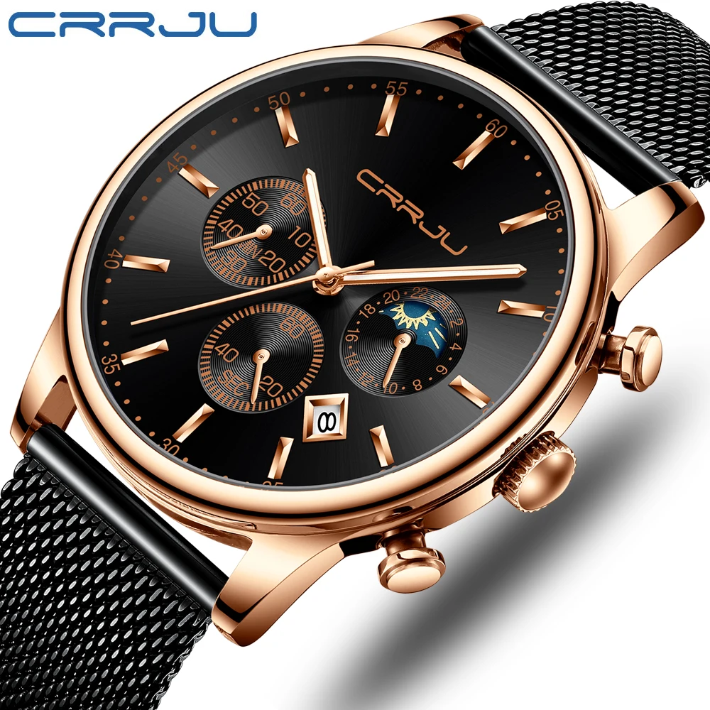 

Fashion CRRJU New Men Luxury Brand Casual Dress Date Quartz Watch Steel Strap Black Dial Gift Clocks erkek kol saati