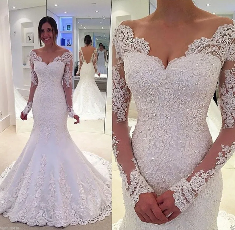 

White Ivory Long Sleeve Mermaid Lace Applique Bridal Wedding Dress Customize 2019 new Vestido de novia sirena