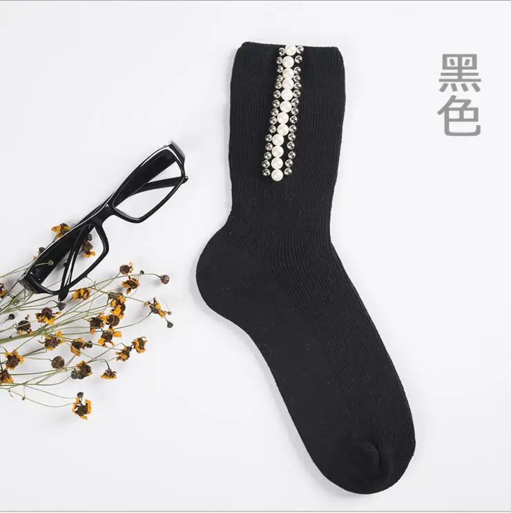 Новое поступление, носки с молнией, трендовые вертикальные жемчужные горного хрусталя, расшитые блестками цвета в трубчатой куче, носки ручной работы - Цвет: black