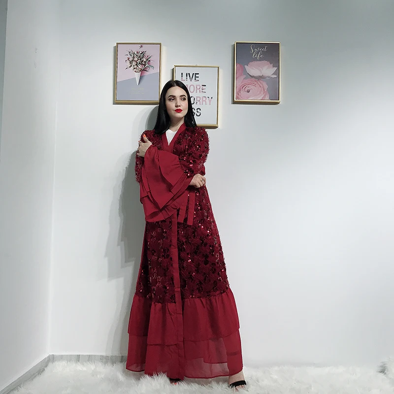 Блесток кимоно с бахромой платье Дубая исламский, мусульманский платье хиджаб Абая для женщин Восточный халат из марокена турецкий Ислам ic Костюмы Халат
