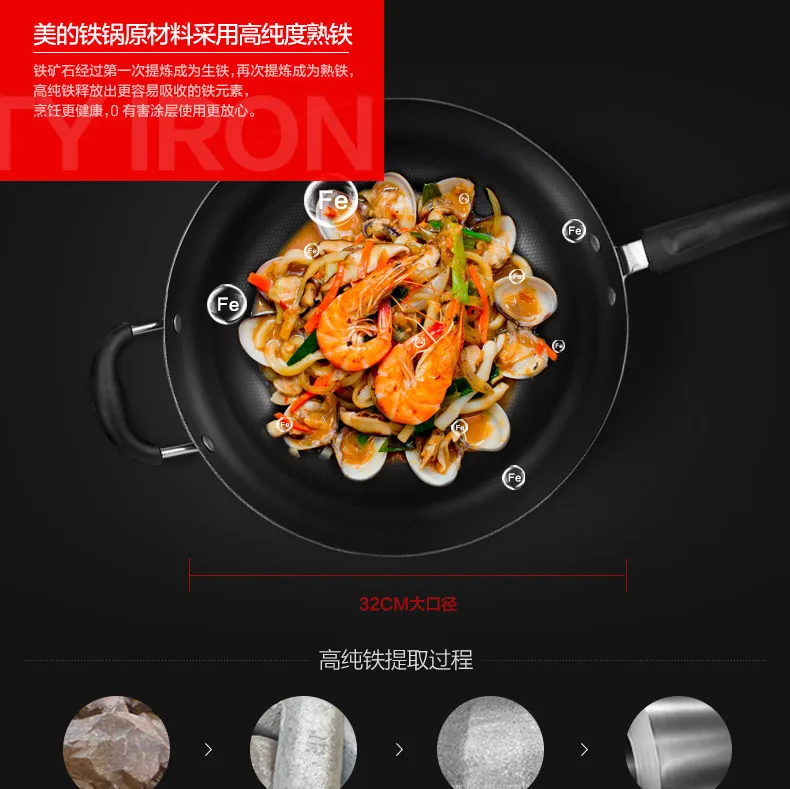 32 см в китайском стиле, железный антипригарный сковорода для приготовления пищи со стеклянным вертикальным покрытием, газовая плита, используется, здоровая посуда