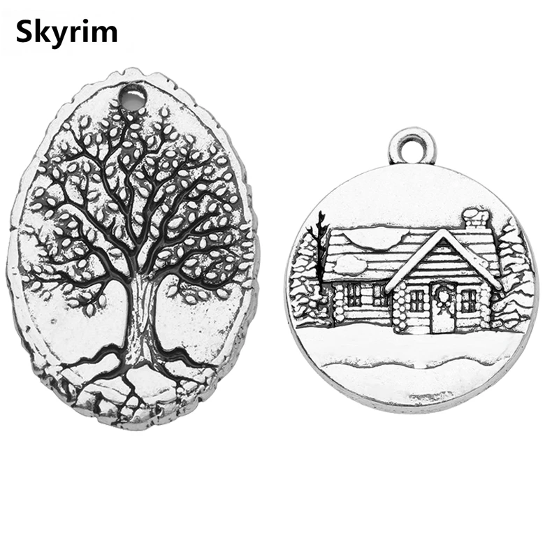 

Skyrim Vintage Art Carving Charms Tree/Forest Hut Laser Pattern Pendants For DIY Necklace/Bracelets Making Fashion Jewelry 10Pcs
