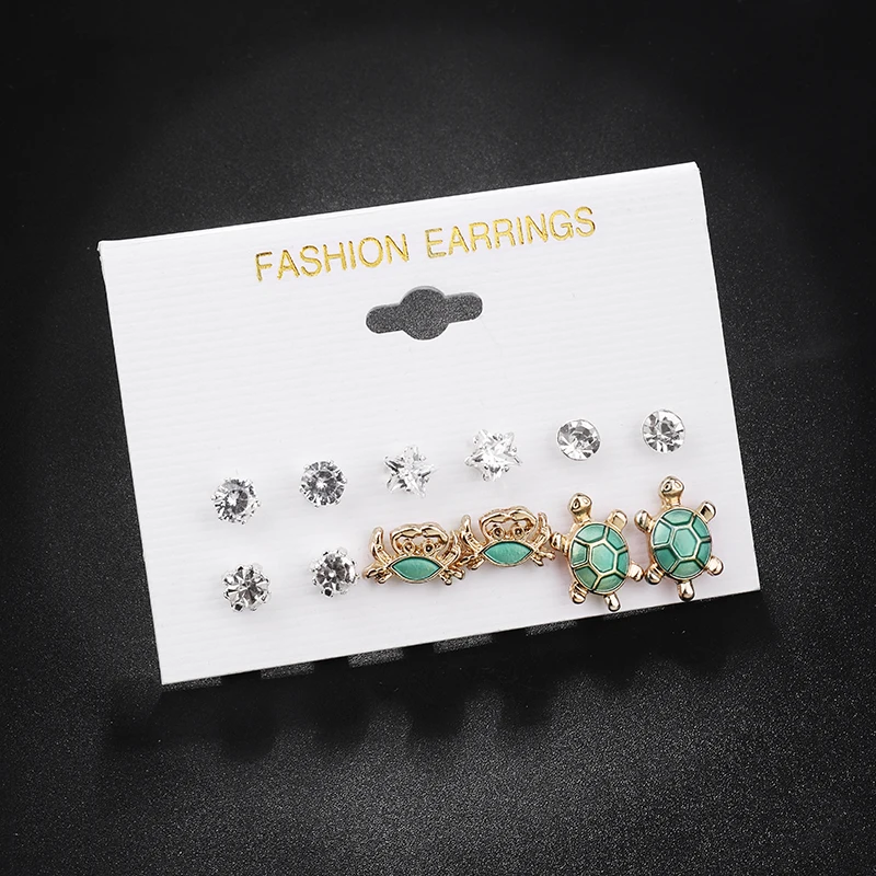 

6pairs /set Zircon Earring Set For Women Crab Tortoise Stud Earring Simple Design Gold Color Animal Earring Gift Accessories