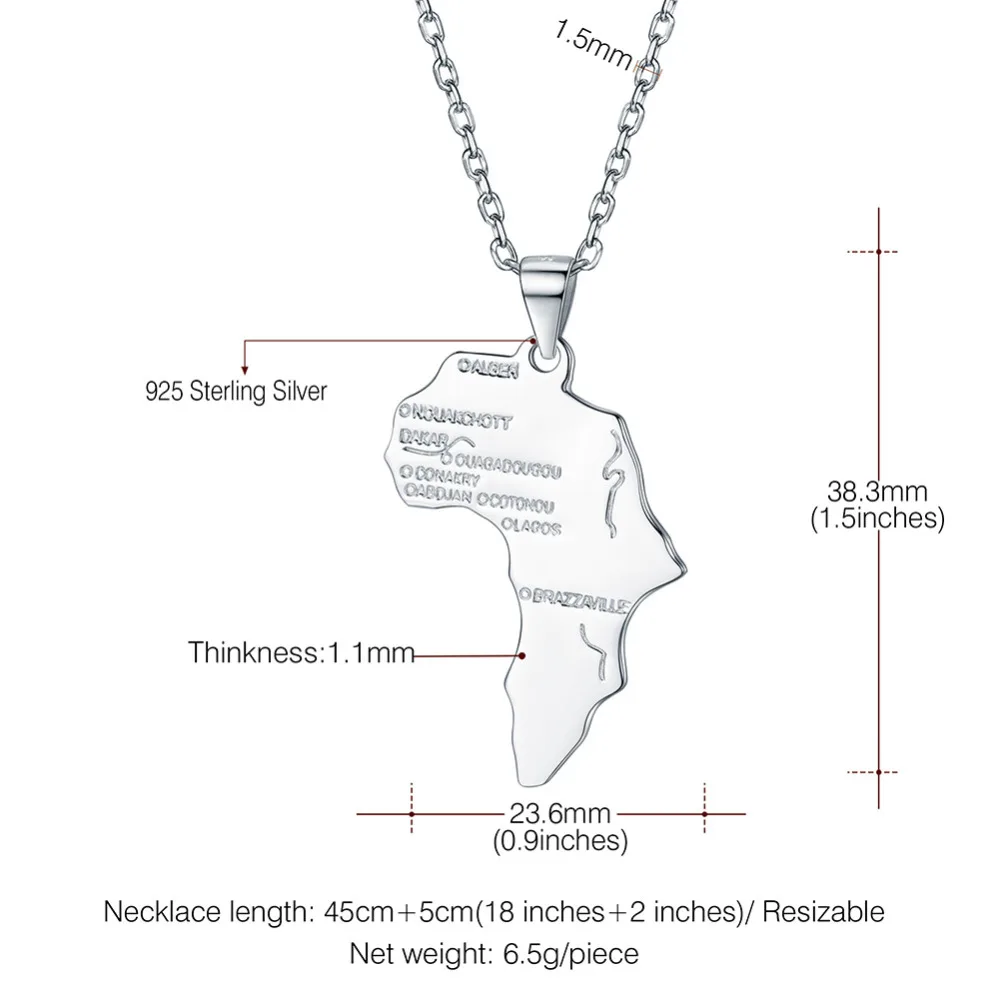 U7 925 пробы серебро Африканская Карта Подвески Ожерелья подарок для Для мужчин/Для женщин Эфиопии Африка ювелирные изделия оптом SC154