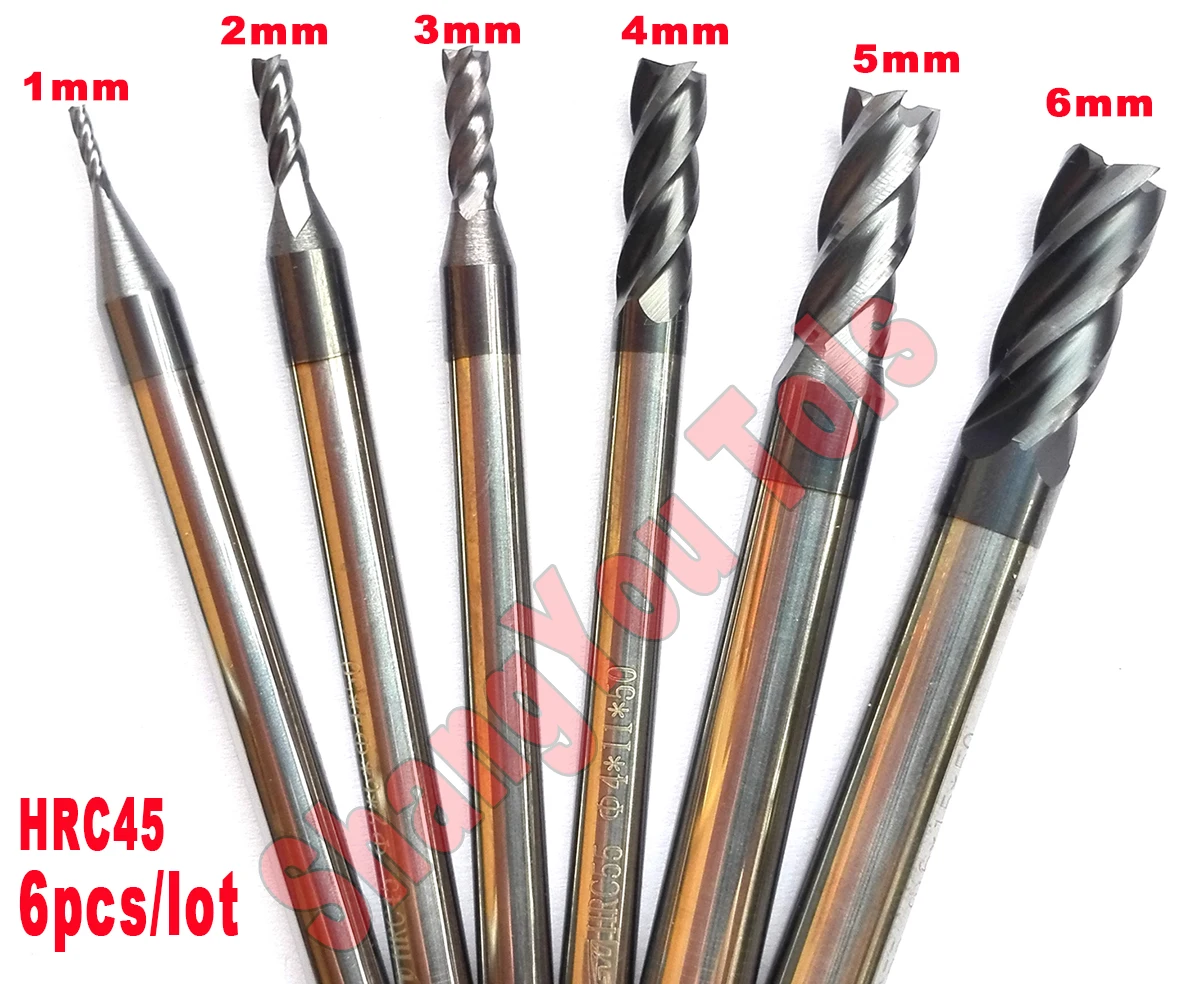 

6pcs/set 1mm,2mm,3mm,4mm,5mm,6mm hrc45 4Flutes flat end mills Spiral Bit Milling Cutter Tools Carbide CNC Endmill Router bits
