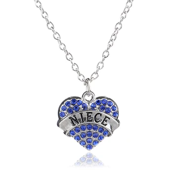 

Bespmosp 24PCS/Lot Wholesale Boho Style Niece Blue Rhinestone Pendant Necklace Heart Crystal Family Jewelry Charms Love Gift