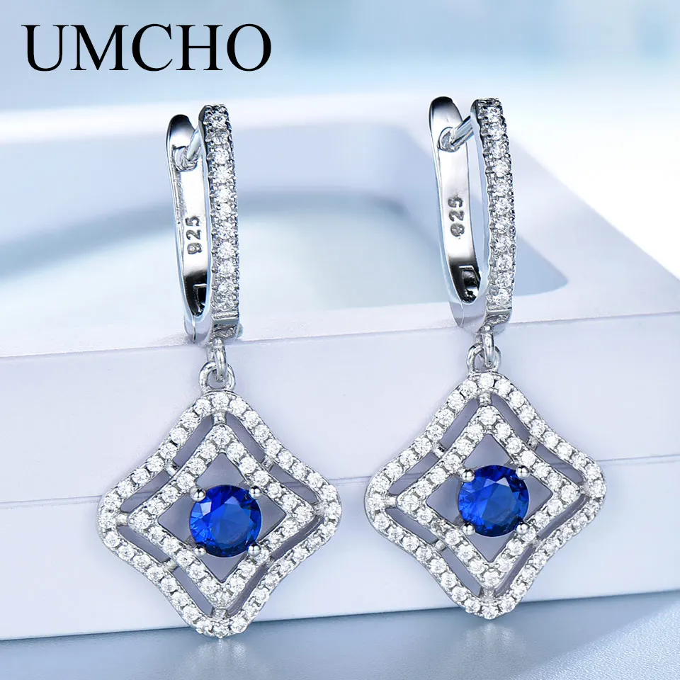 

UMCHO Genuine Silver 925 Jewelry Round Created Nano Blue Sapphire Clip Earrings For Women Anniversary Gift Charms Fine Jewelry