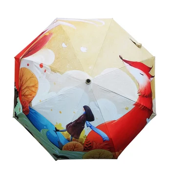 

Windproof Reverse Folding Umbrellas Fox Girl Cartoon Illustration Three Folding Umbrella 8 Rib Wind Resistant Frame For Mom
