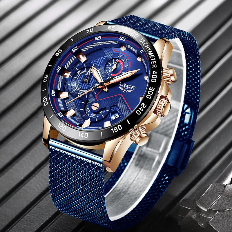 LIGE New Men Watch Mesh Steel Army Military Chronograph Sports Watches Mens Top Brand Luxury Waterproof Clock Relogio Masculino