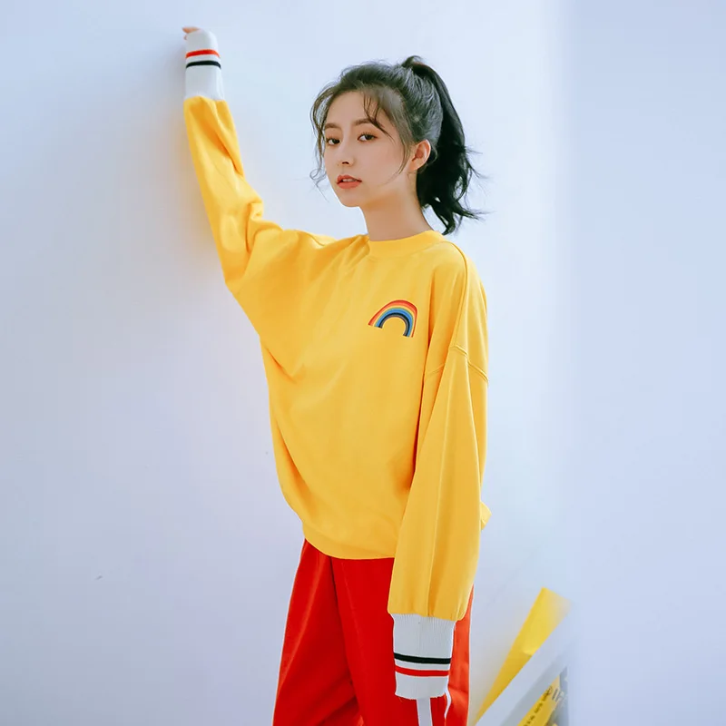 Ulzzang Корейский Kpop большой Радужный принт желтый свитер с капюшоном для женщин