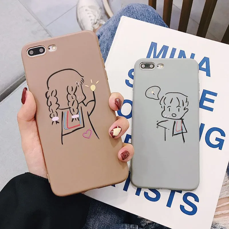 

JAMULAR Cute Boy Girl Couple Case For iPhone 7 XS MAX XR X 8 6 6s Plus Cartoon Matte Soft Silicone Phone Cover For iPhone X Capa