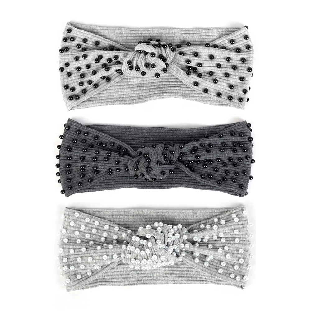 

Fashion Pearls Beads Ribbed Hairband For Women Boho Knotted Striped Elastic Cotton Headband Female Turban Wraps Hair Accessories