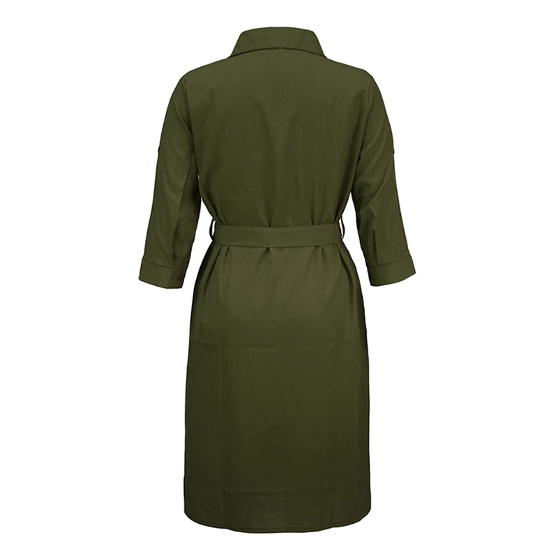 Miguofan/офисное женское платье-рубашка, женские пояса с отложным воротником, миди платье, большие размеры, однотонные, армейские, зеленые