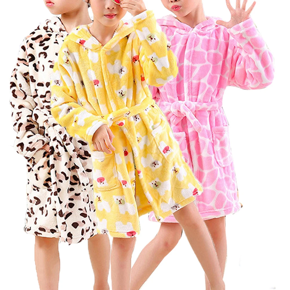 Kids Boys Girls Hooded Bathrobe Flannel Sleeve Pajamas Cartoon Animal Belt Sleepwear Autumn Winter Warm Housecoat with Pocket