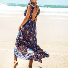 Boho Inspired 2017 summer dresses floral print cotton backless long maxi dress hippie chic ruffles sleeve women sexy vestidos