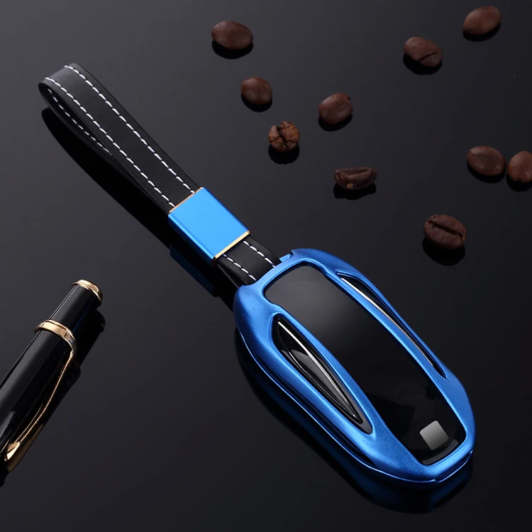 For Tesla Model X Aluminum Alloy Key Shell + Leather Key Chain Protective Case Cover Auto Skin Shell Smart Key Remote Control