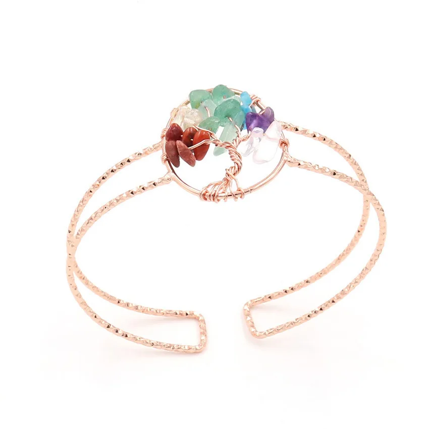 

7 Chakra Rose Gold Color Oval Tree Natural Labradorite Amethysts Quartz Stone Adjustable Cuff Bangle Wrist Bracelets for Women