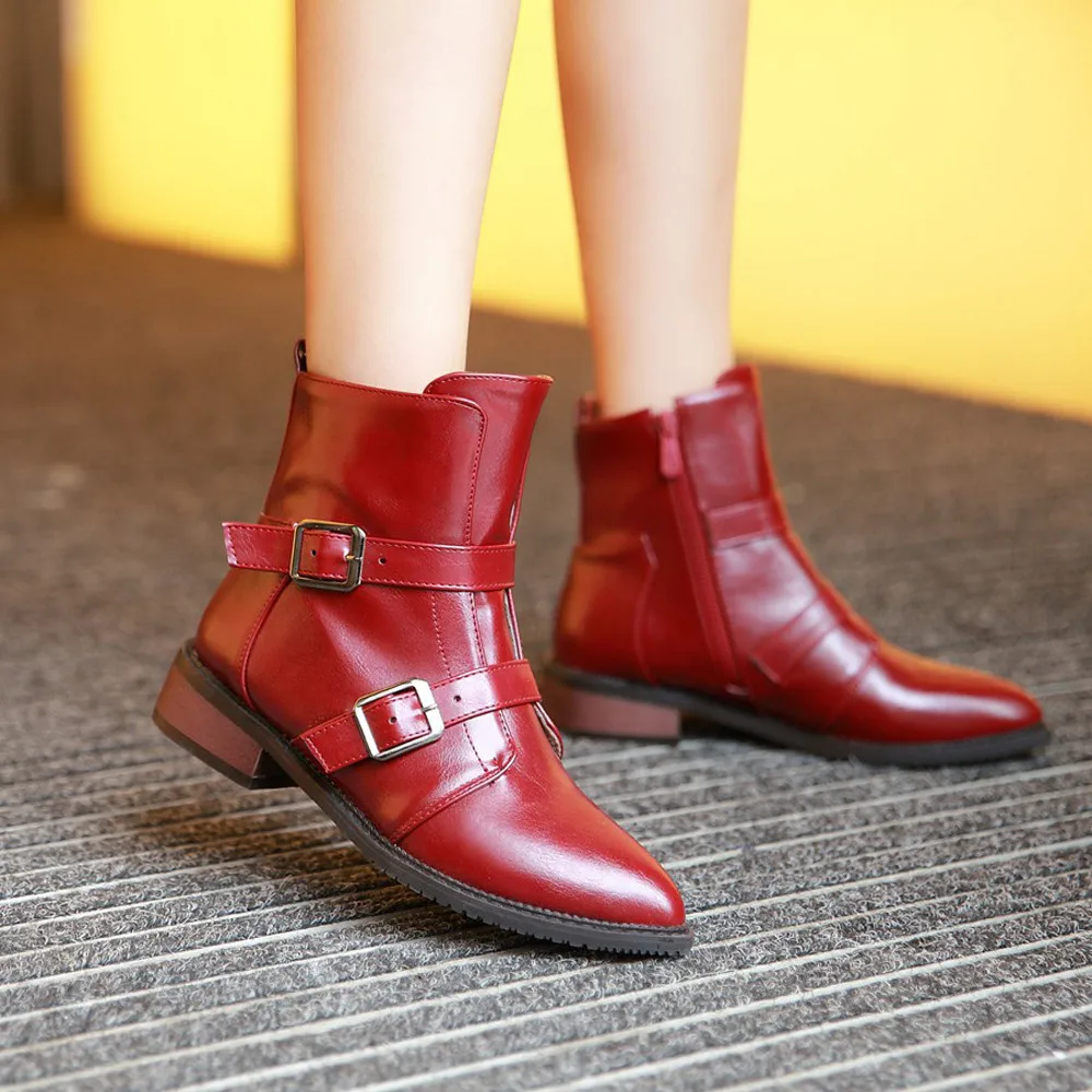 

Retro autumn winter ankle boots for women low heel Classics Pointed Toe Women's leather boots with belt buckle botas feminina