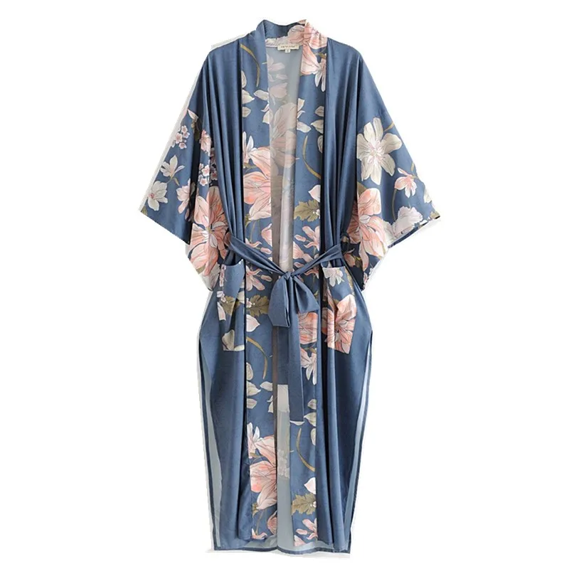 Женская длинная рубашка, длинное праздничное кимоно синего цвета с цветочным принтом «павлин» и V-образным вырезом, на поясе, кардиган свободного кроя - Цвет: Синий
