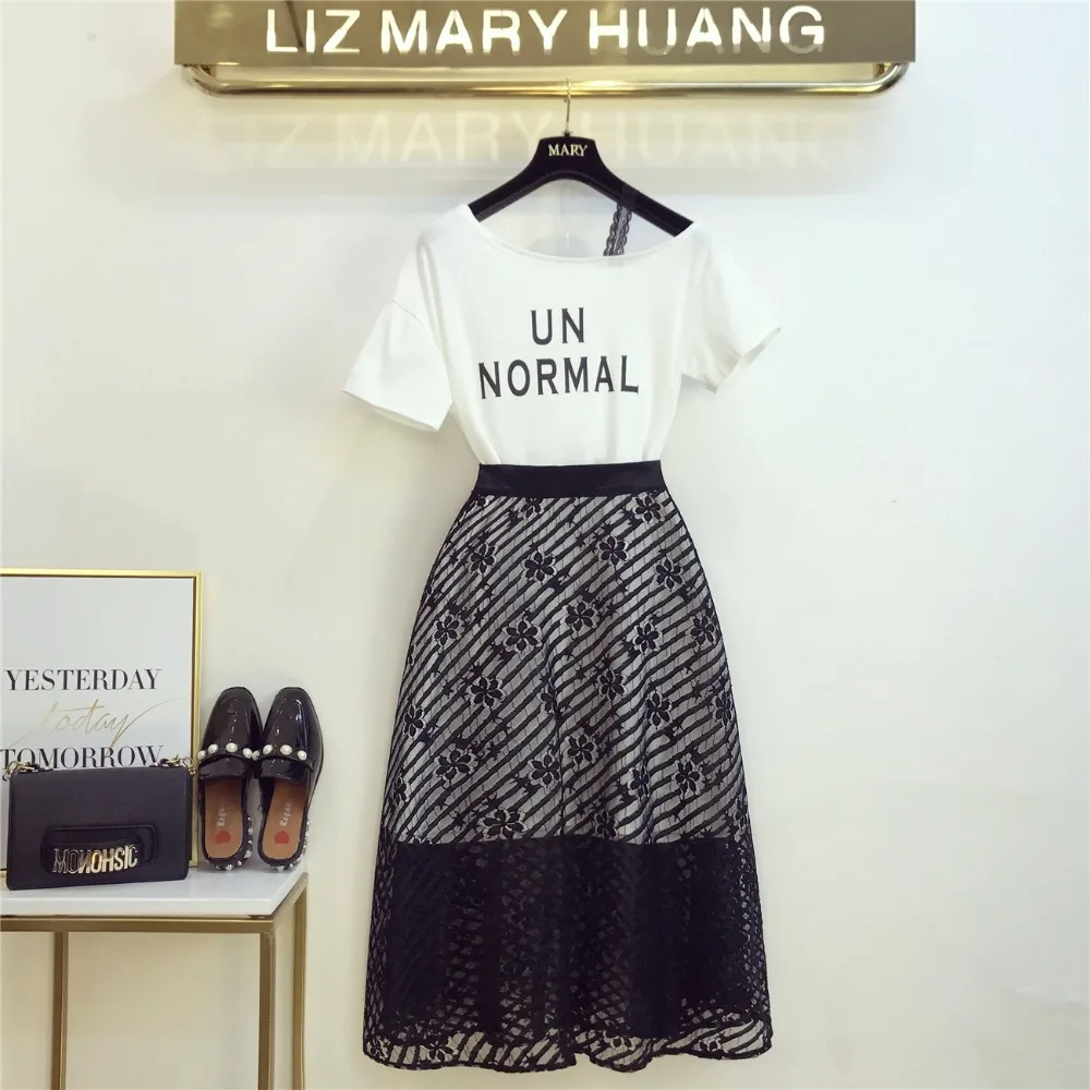 

Amolapha Women Letter Long Tshirts+Lace Skirt Sets Chic Design T-shirt Tops Skirts Suits for Woman