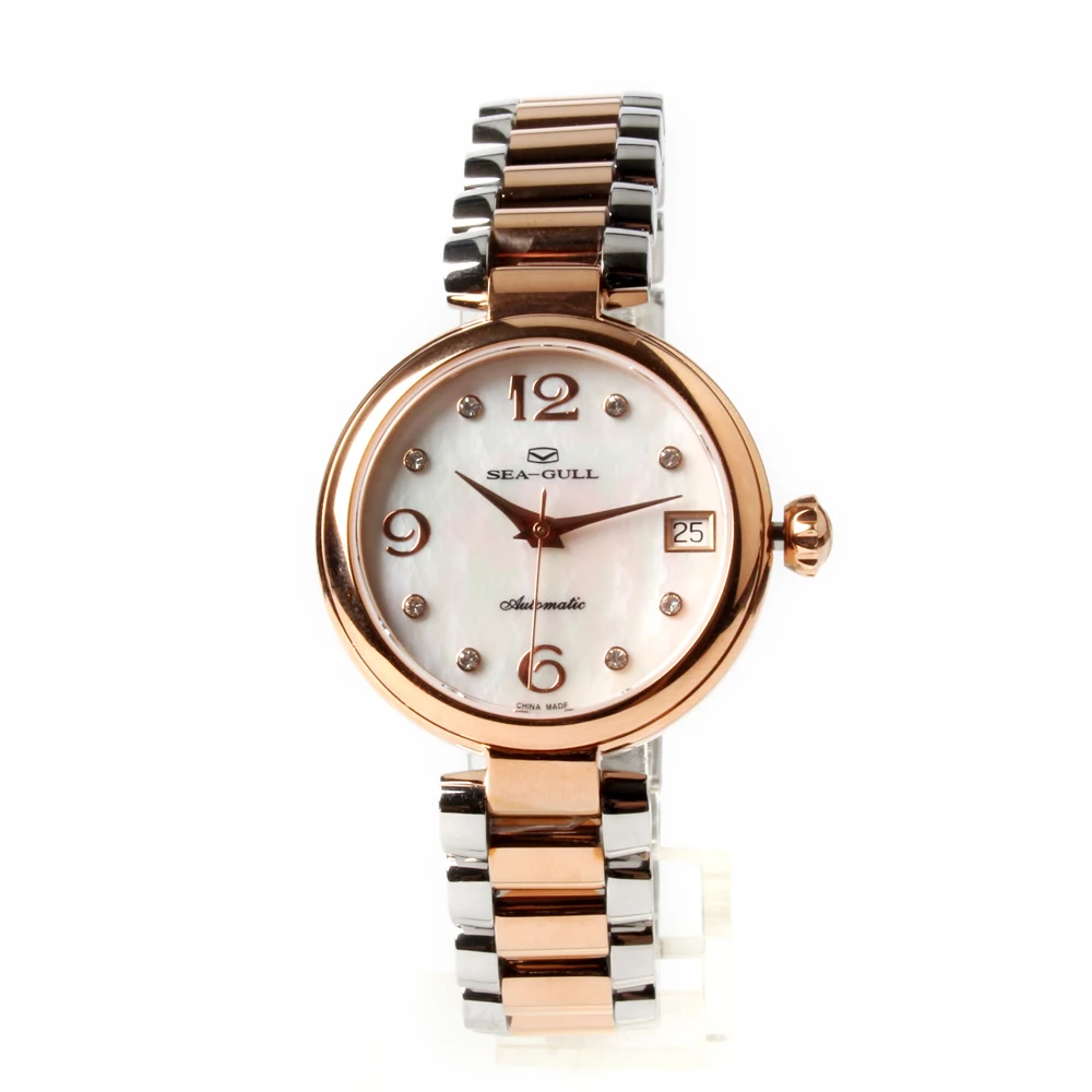 

Seagull Gold Tone Rhinestones Bezel Mother of Pearl Dial Two Tone Bracelet Women Automatic Mechanical Fashion Watch 517.756L