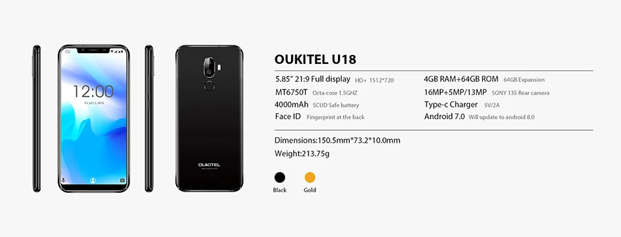 Мобильный телефон Oukitel U18, 5,85 дюйма, 21:9, полный дисплей, распознавание лица, MT6750T, четыре ядра, Android 7,0, 4 Гб ram, 64 ГБ rom, 4000 мАч, 16 МП
