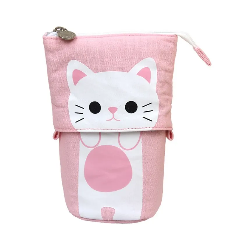 white cat pink Подставка-трансформер для хранения карандашей, Холщовый+ полиуретановый мультяшный милый кот, телескопический чехол для карандашей, сумка для канцелярских принадлежностей, чехол для ручек с застежкой-молнией - Цвет: white cat pink