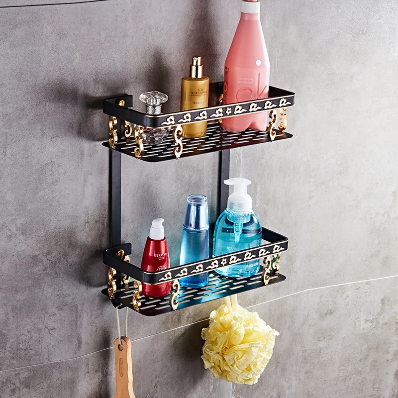 

2 Layer Bathroom Shelves Rack Metal Towel Hook Washing Shower Shampoo Cosmetic Storage Bath Basket Shelf Bathroom Accessories