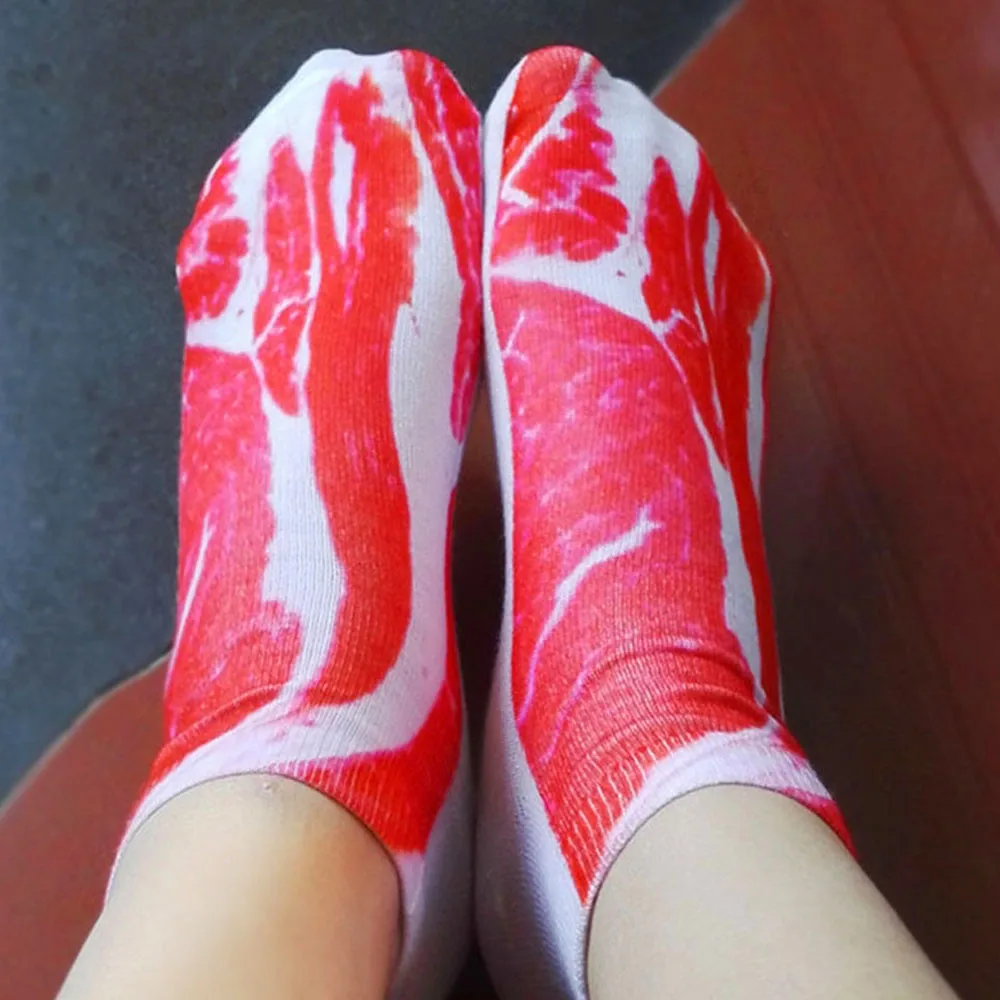 

Hallowee Short Funny 3D Pork Meat Bacon Socks Boat Sock Happy Pair Socks Skeleton Meat Cartoon Men Women Ankle Q3