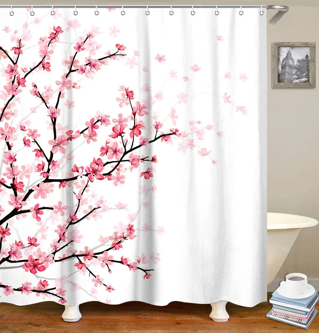 

Pink Floral Bathroom Curtain Cherry Blossom Shower Curtains Set with 12 Hooks Fabric Bath Curtain Bathroom Decor,White