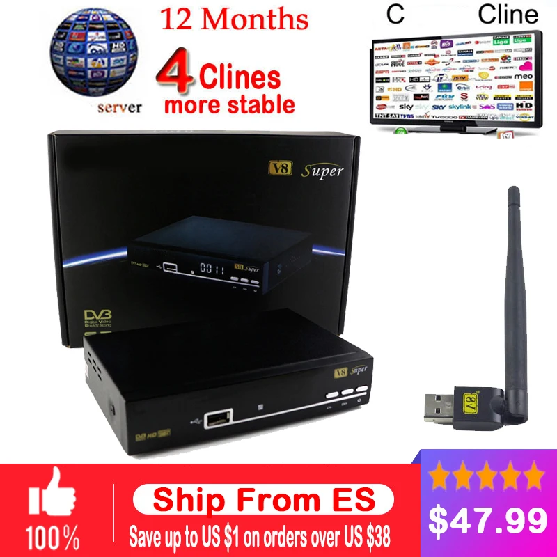 

1 Year Europe Clines Original V8 Super DVB-S2 Satellite Receiver with USB WiFi Support 1080P Full HD 3G IPTV powervu clines