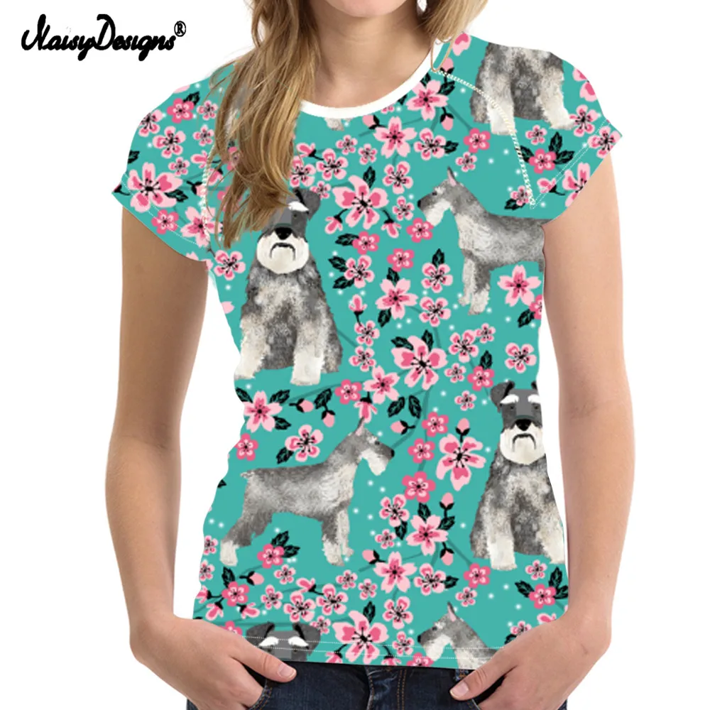 Cena NoisyDesigns 2018 nowy moda T shirt kobiety sznaucer kwiat drukowanie świeże T Shirt topy koszulka casual koszula Femme kobieta odzież