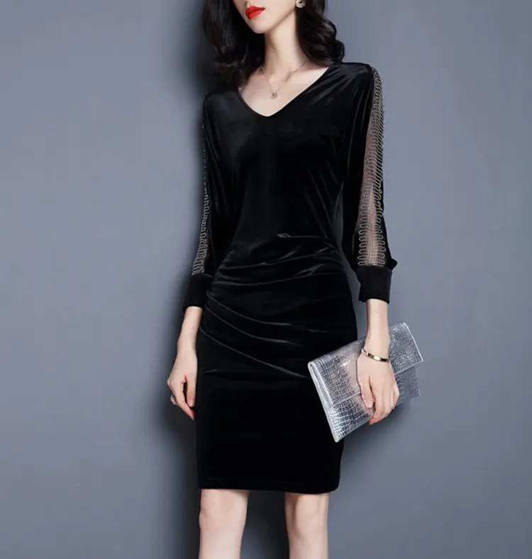 New Winter Autumn Dress Women 2019 Velour Dresses Female Casual Mesh Patchwork Robe Femme Plus Size Vestidos Mujer Dress Veludo (6)