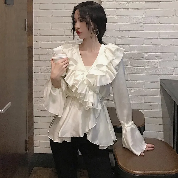 

Ruffles 2019 autumn long sleeve Elegant V Neck Satin blouses Tops Women Sexy V Neck Satin tops Women V neck Satin shirts Tops